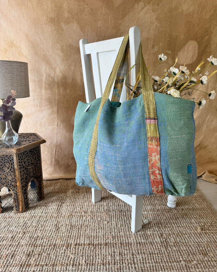 Handmade Upcycled Sari Tote Bag – Green & Blue with Contrast Handles | Multi-Purpose Everyday & Beach Bag