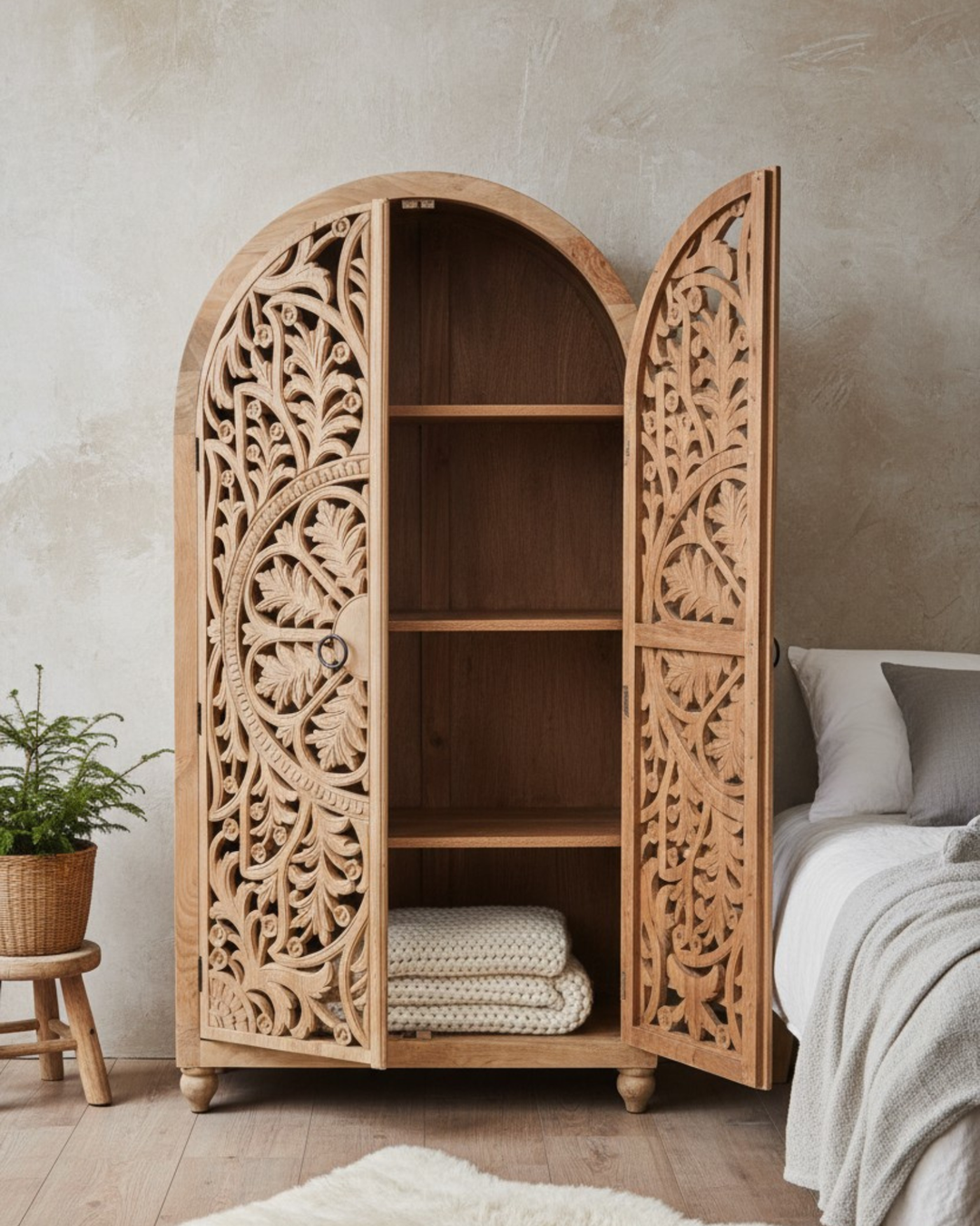 Arched Hand-Carved Mango Wood Armoire – Light Natural Finish with Floral Detailing