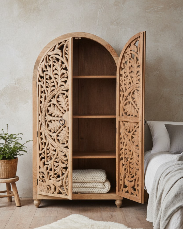 Arched Hand-Carved Mango Wood Armoire – Light Natural Finish with Floral Detailing