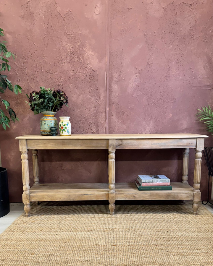 Long Mango Wood Hand-Carved Console Table with Shelf – Natural Finish