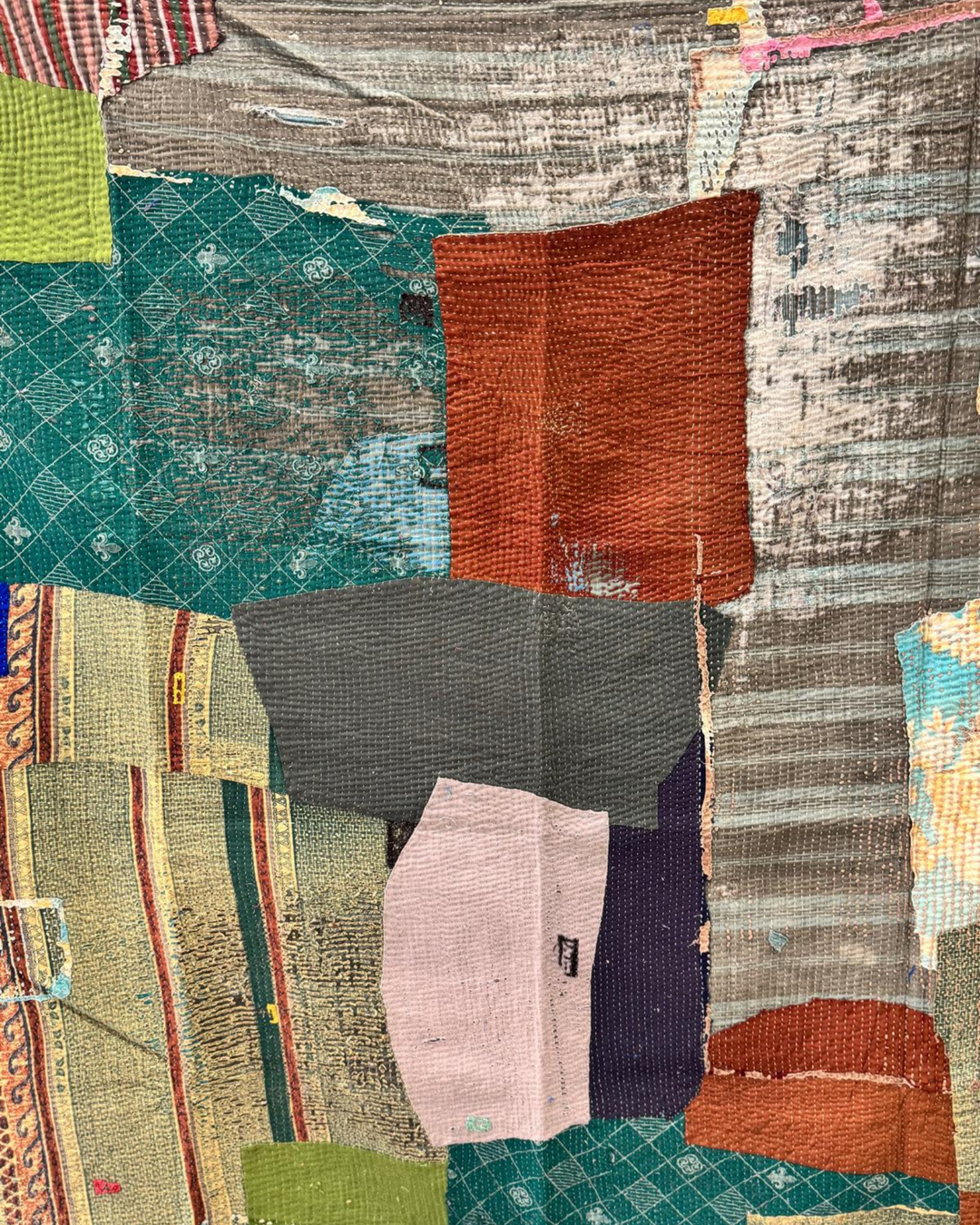 Vintage Hand-Embroidered Kantha Throw – Blue & Teal Patchwork with Striped Sari Panels