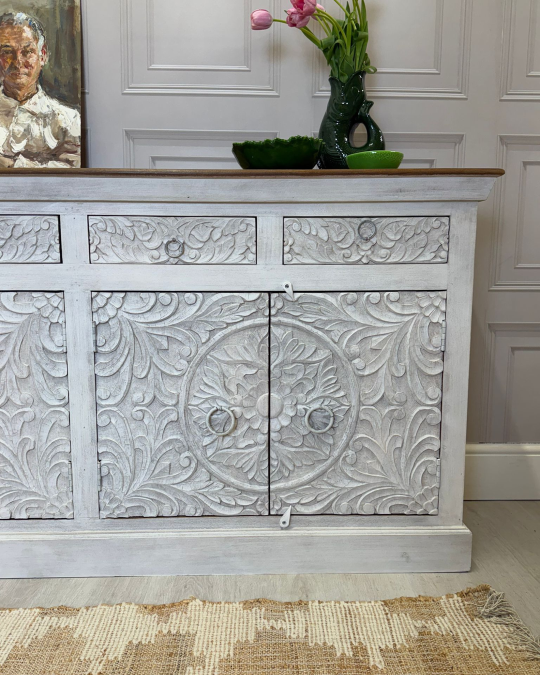 Hand-Carved Mango Wood Sideboard with Floral Detailing – Whitewashed Finish