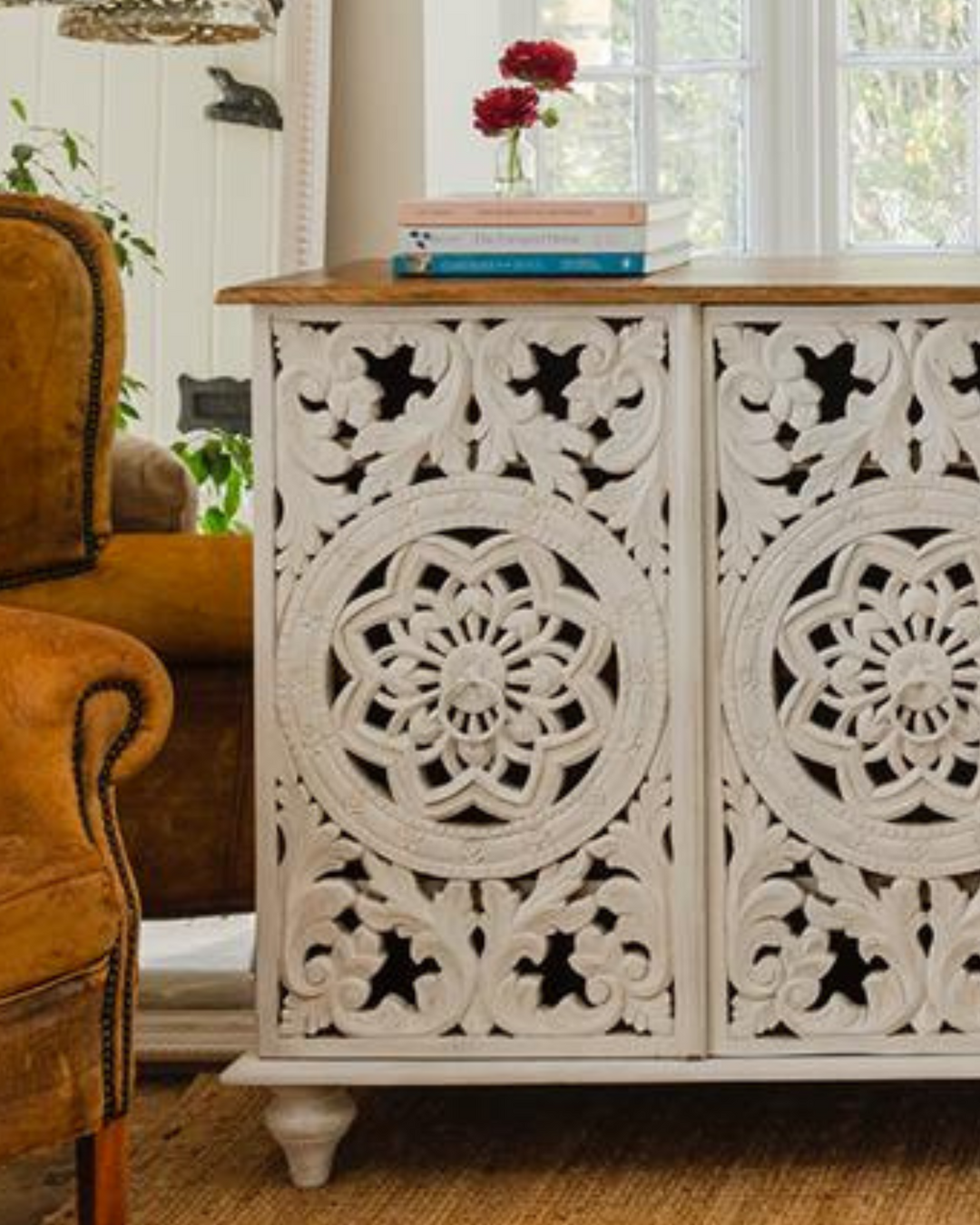Hand-Carved Whitewashed Four Door Mango Wood Sideboard – Open Floral Design