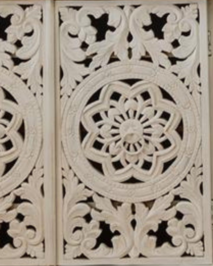 Hand-Carved Whitewashed Four Door Mango Wood Sideboard – Open Floral Design