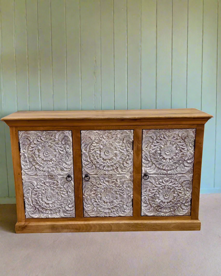 Hand-Carved Mango Wood Sideboard – 3 Doors, Natural & Whitewashed Finish