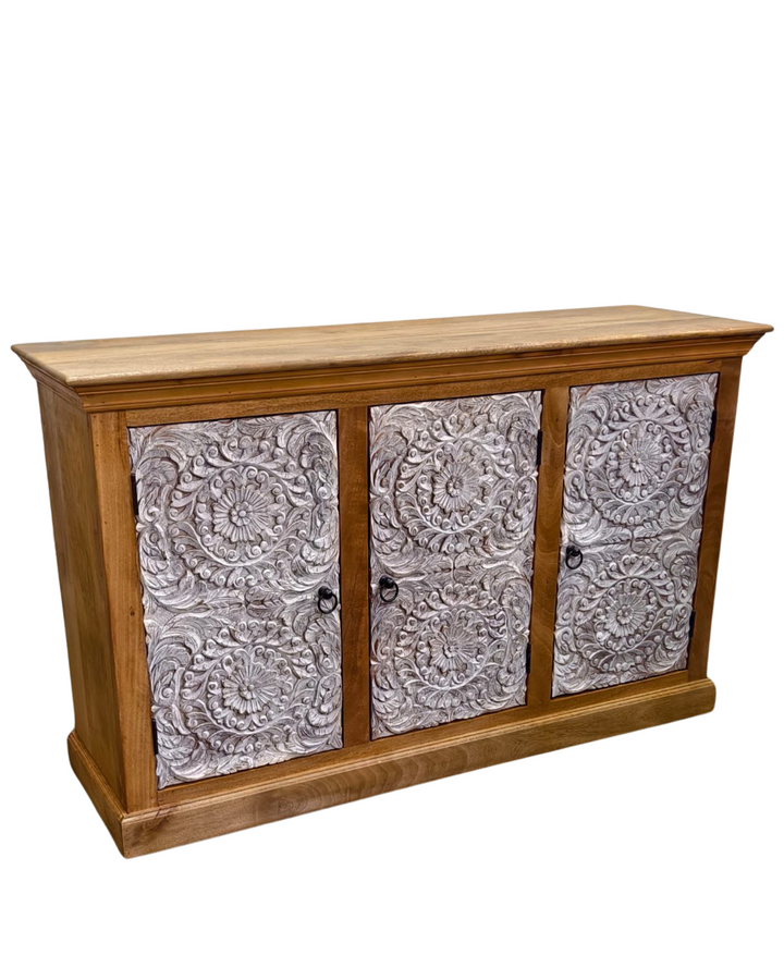 Hand-Carved Mango Wood Sideboard – 3 Doors, Natural & Whitewashed Finish