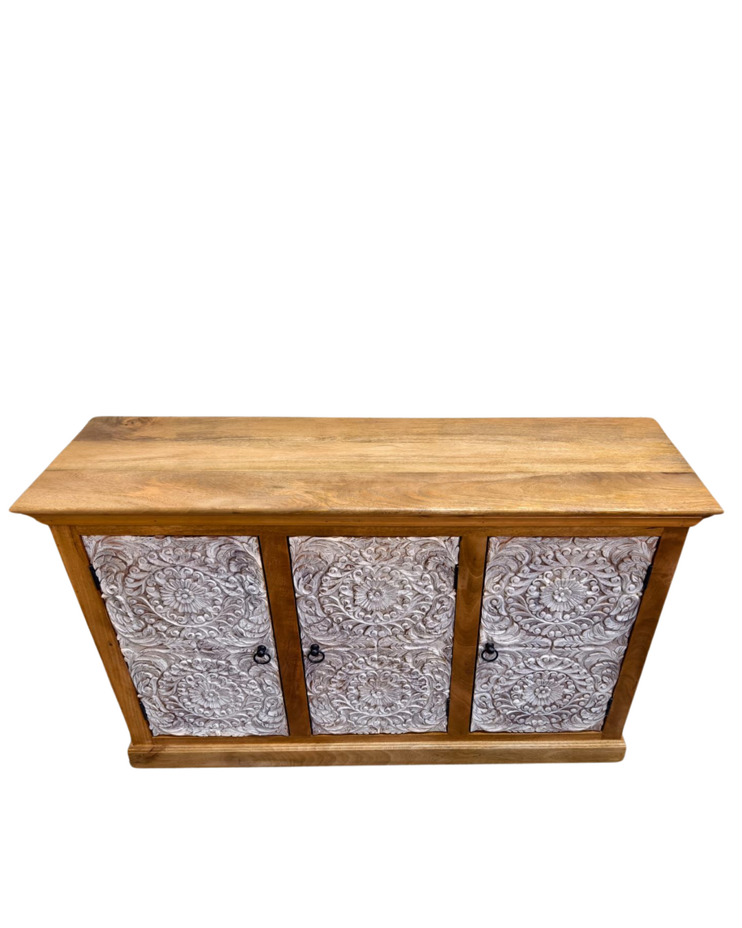 Hand-Carved Mango Wood Sideboard – 3 Doors, Natural & Whitewashed Finish