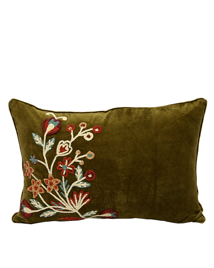 Embroidered Velvet Cushion Cover – Olive Green with Vintage Floral Detail (40x60cm)