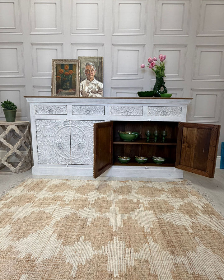 Hand-Carved Mango Wood Sideboard with Floral Detailing – Whitewashed Finish