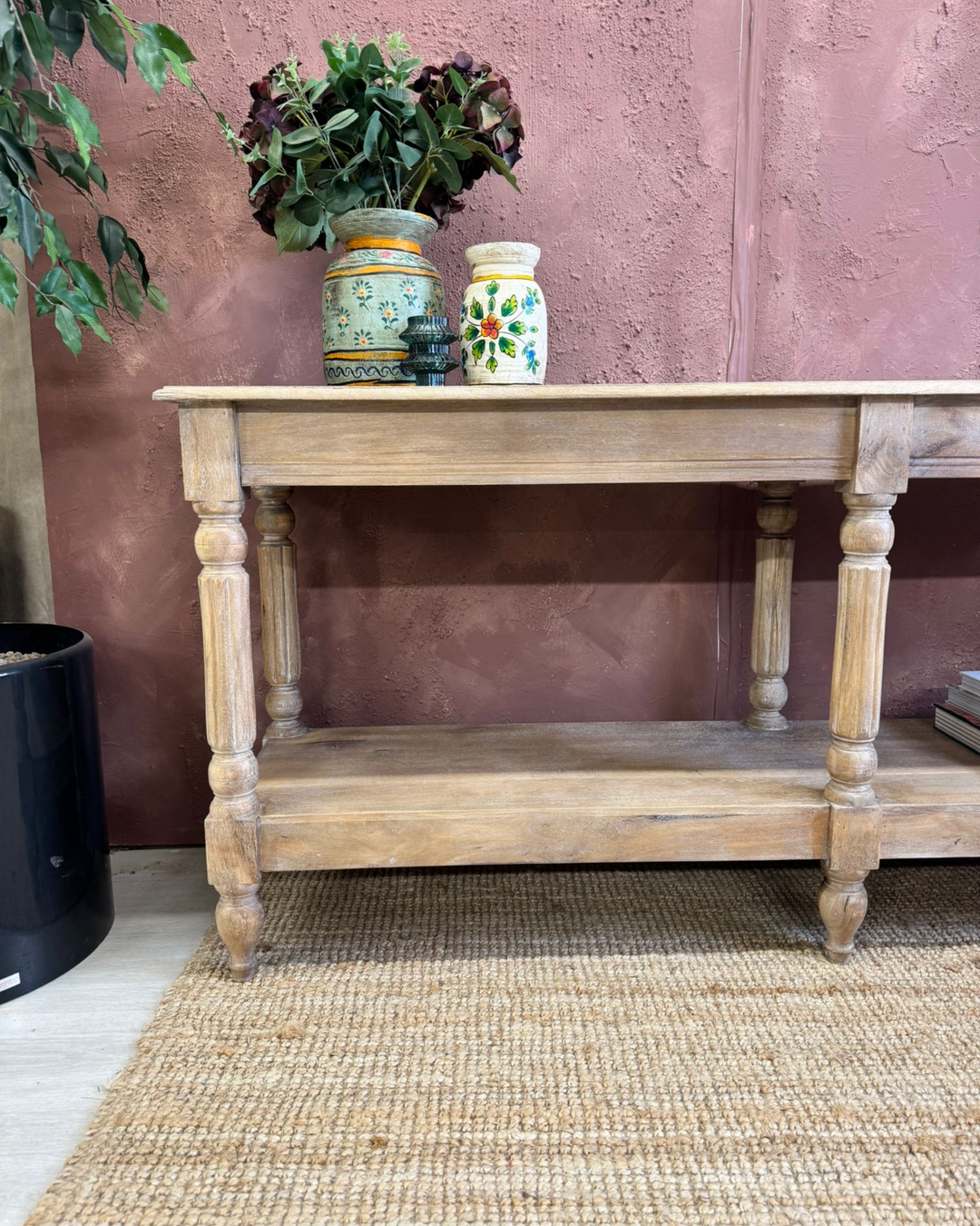 Long Mango Wood Hand-Carved Console Table with Shelf – Natural Finish