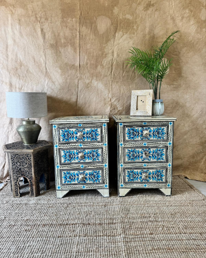 Pair of Hand-Painted Mango Wood Bedside Tables – Blue Floral Design with Elephant Motif