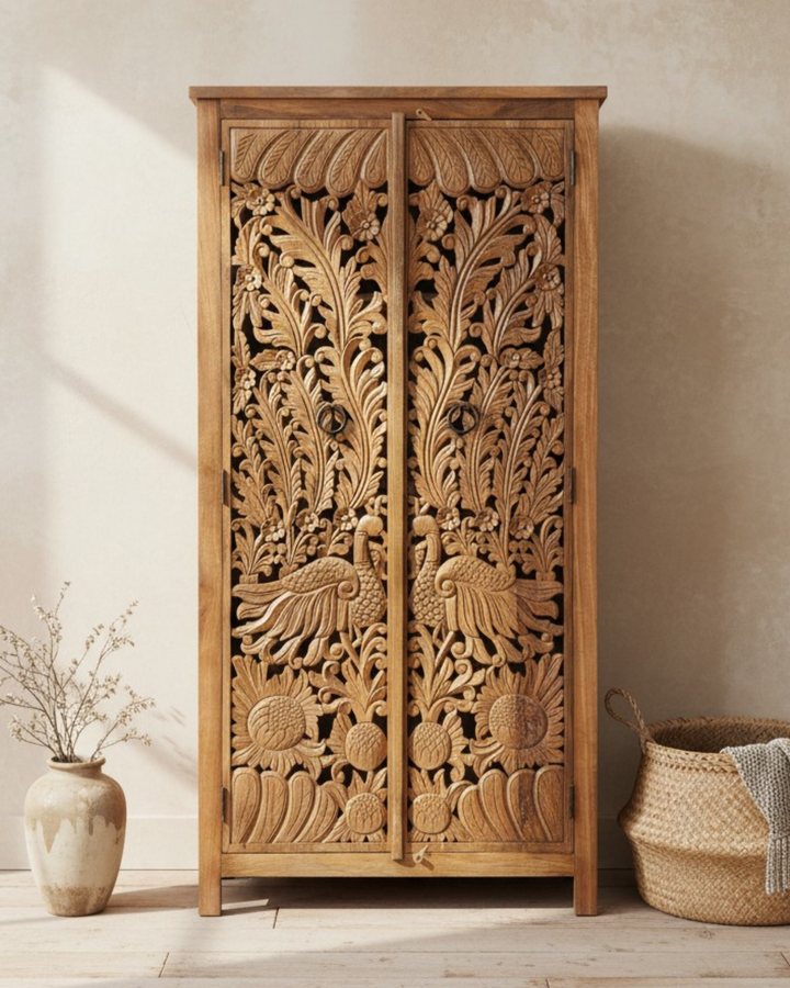 Hand-Carved Mango Wood Armoire – Peacock & Floral Design in Natural Finish