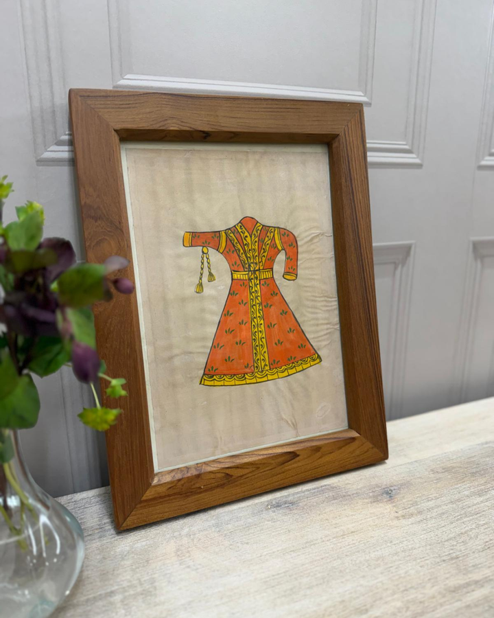 Vintage Mango Wood Framed Artwork – Hand-Painted Orange Traditional Dress with Natural Wood Frame
