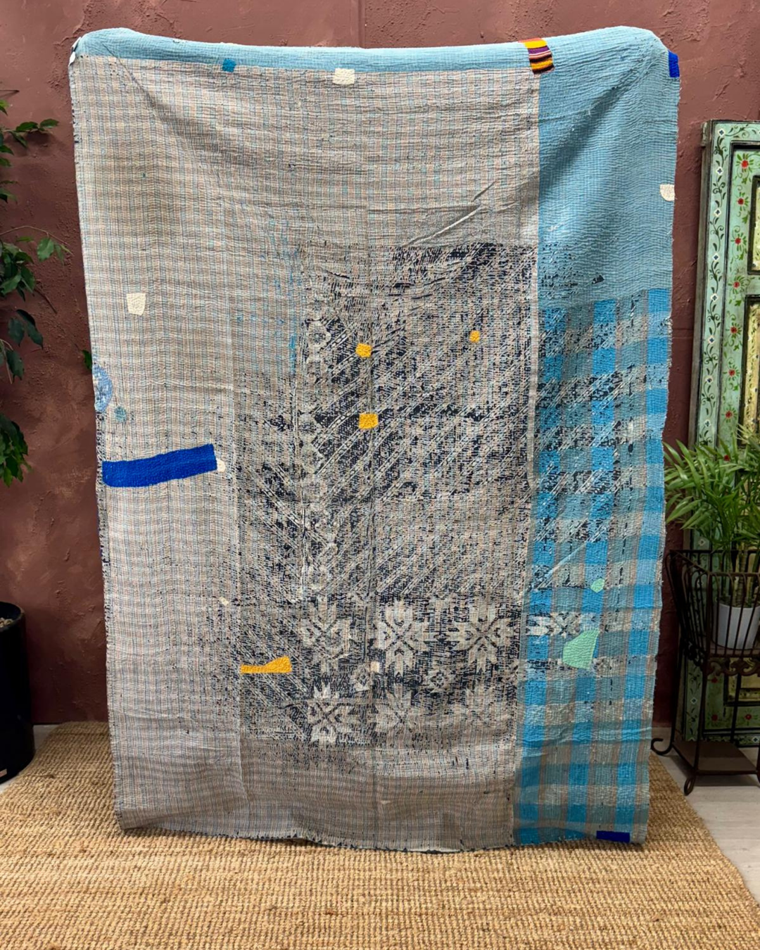Vintage Hand-Embroidered Kantha Throw – Blue & Teal Patchwork with Striped Sari Panels