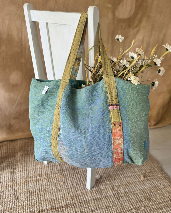 Handmade Upcycled Sari Tote Bag – Green & Blue with Contrast Handles | Multi-Purpose Everyday & Beach Bag