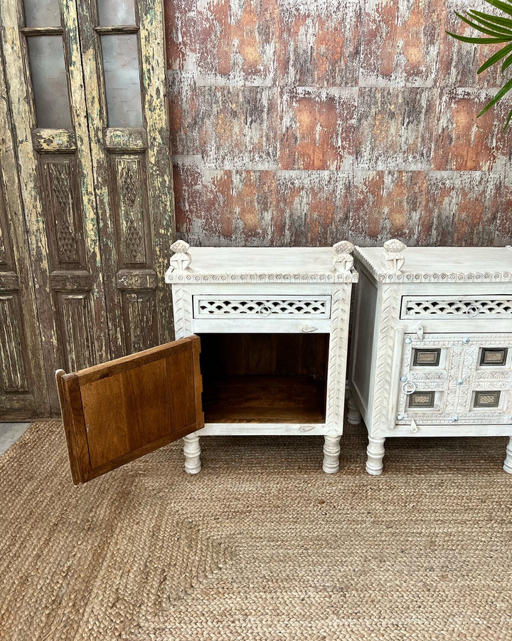 Pair of Vintage Style Hand Carved Mango Wood Bedside Tables