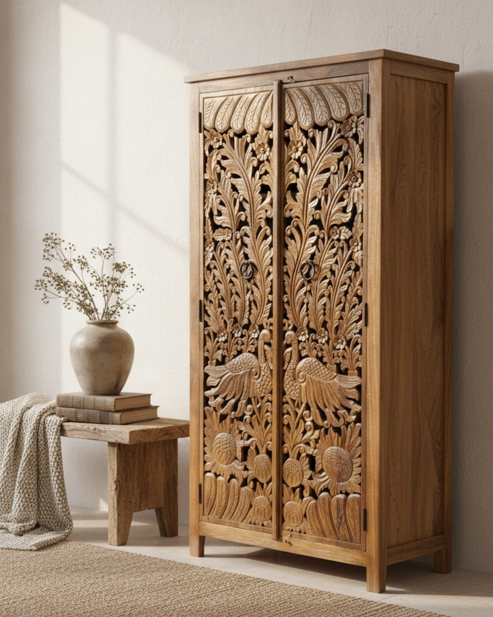 Hand-Carved Mango Wood Armoire – Peacock & Floral Design in Natural Finish