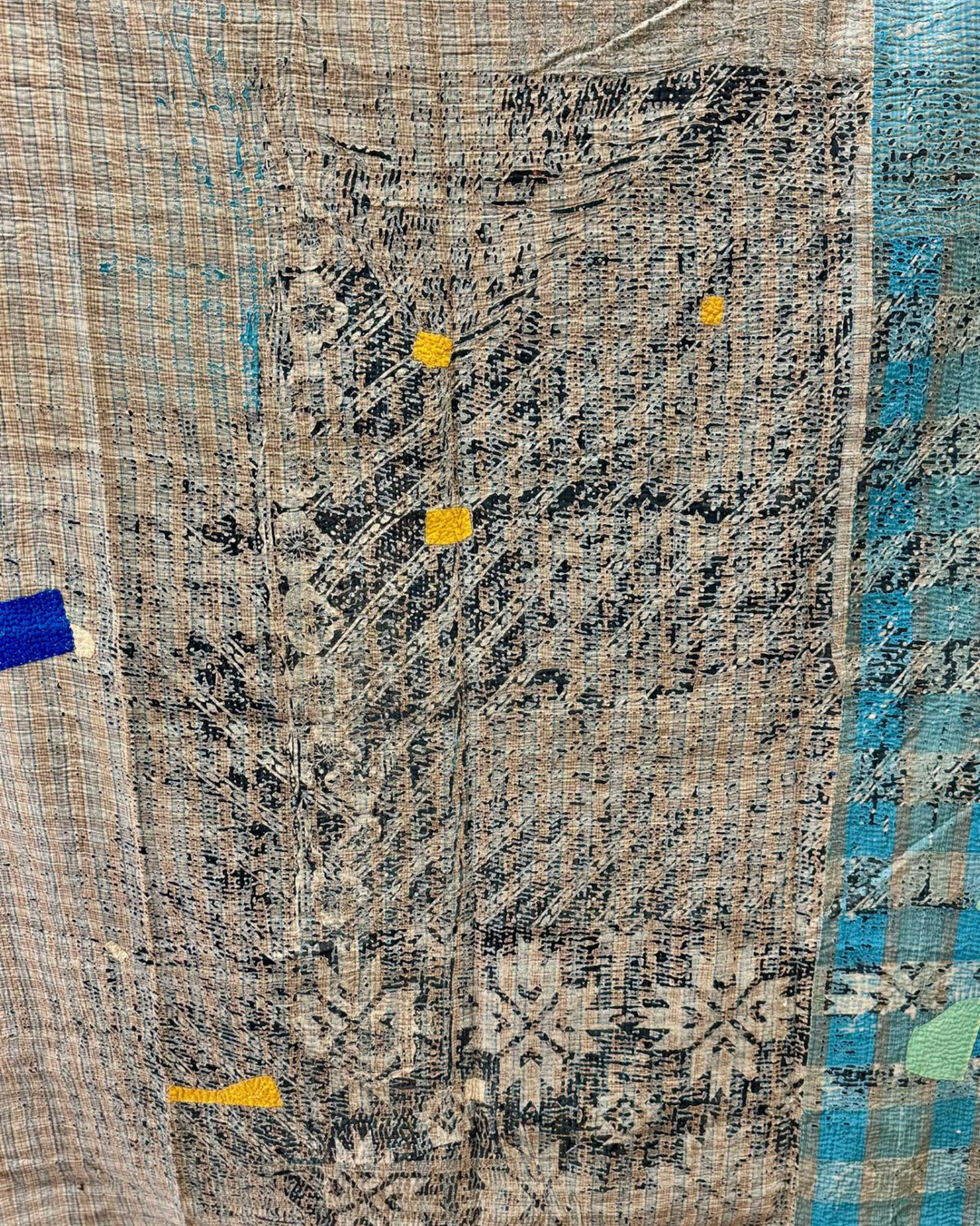 Vintage Hand-Embroidered Kantha Throw – Blue & Teal Patchwork with Striped Sari Panels