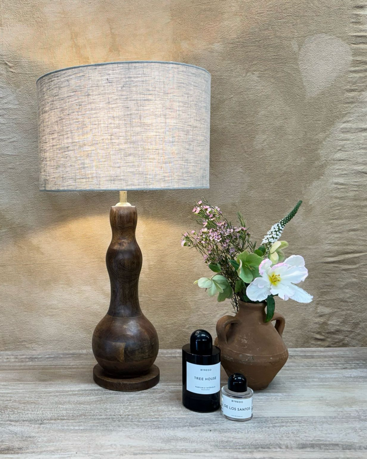 Mango Wood Table Lamp – Curved Form with Linen Shade