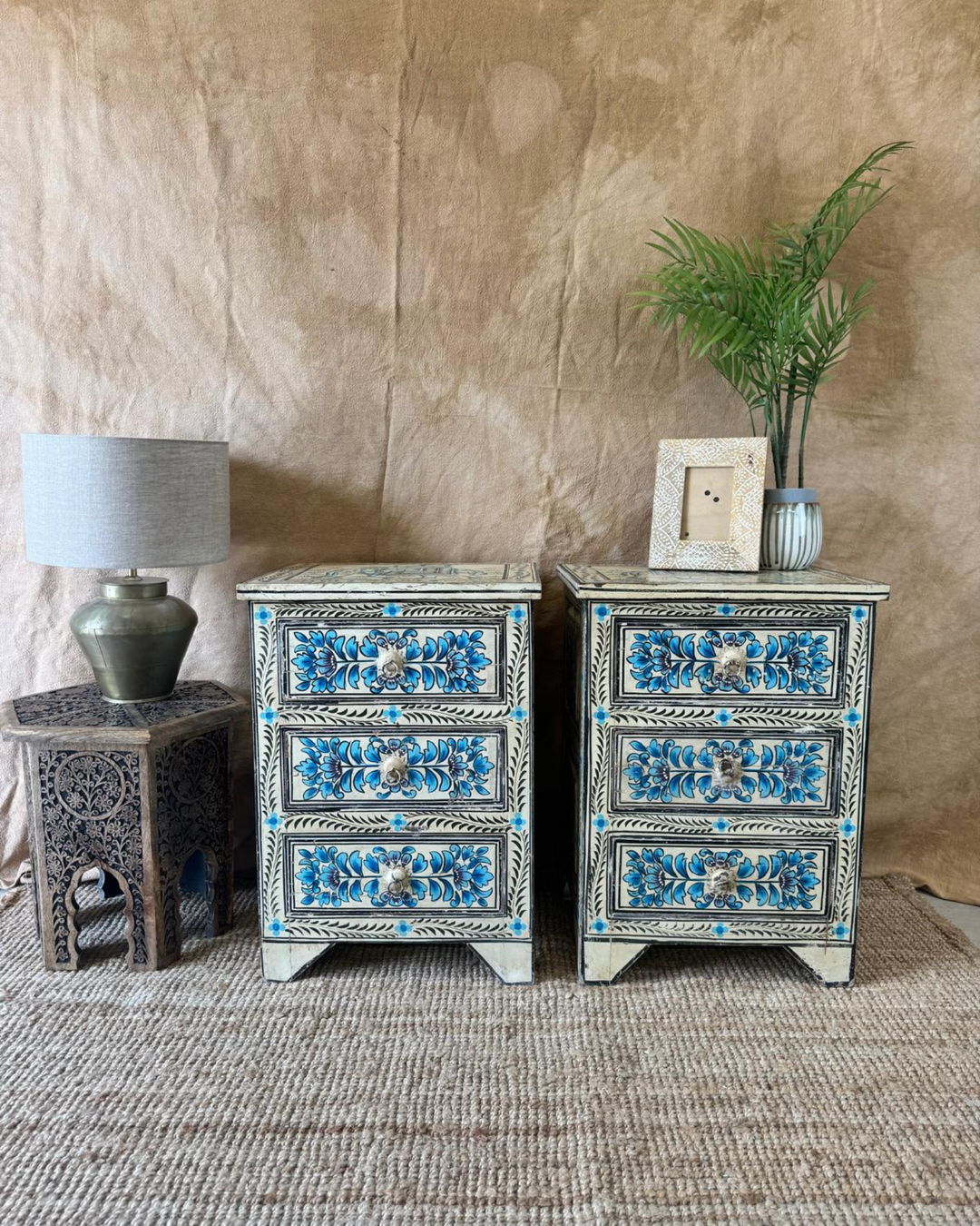 Pair of Hand-Painted Mango Wood Bedside Tables – Blue Floral Design with Elephant Motif