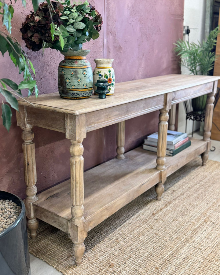 Long Mango Wood Hand-Carved Console Table with Shelf – Natural Finish