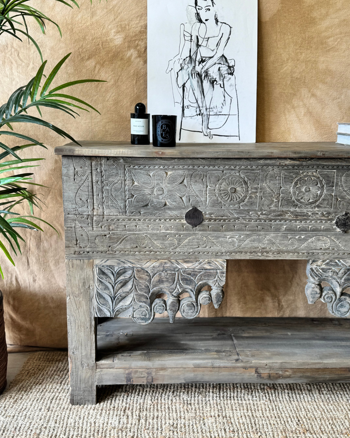 Vintage Hand-Carved Teak Console Table – Dark Sunbleached Finish