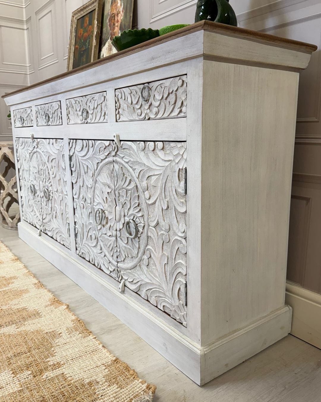 Hand-Carved Mango Wood Sideboard with Floral Detailing – Whitewashed Finish