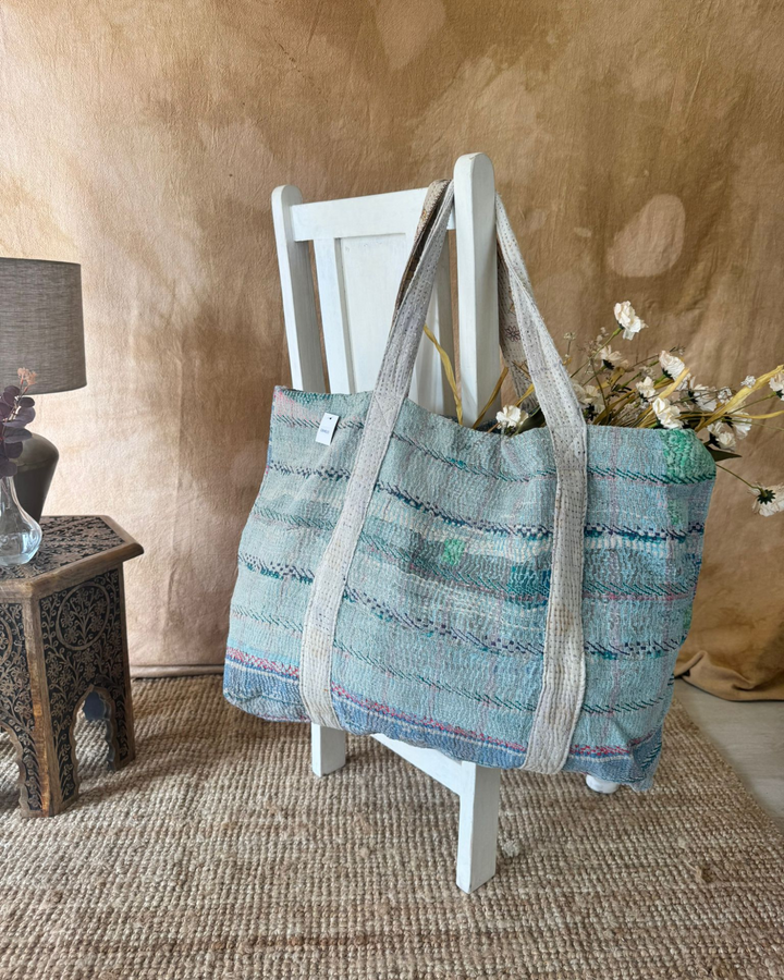 Handmade Upcycled Sari Tote Bag – Mint & Neutral Stripes | Multi-Purpose Everyday & Beach Bag