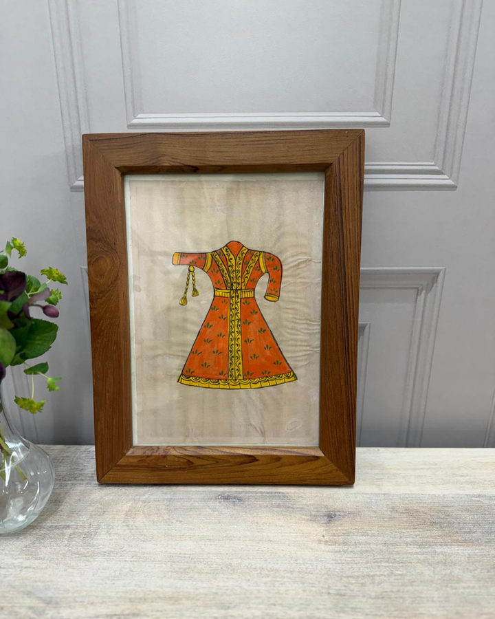 Vintage Mango Wood Framed Artwork – Hand-Painted Orange Traditional Dress with Natural Wood Frame