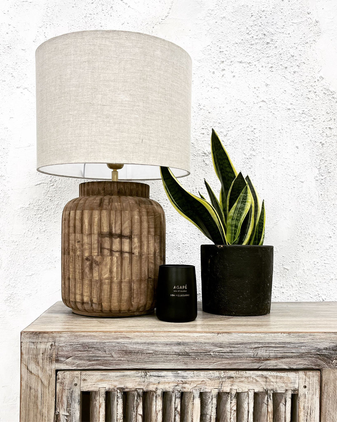 Contemporary Carved Mango Wood Lamp with Sheer Shade
