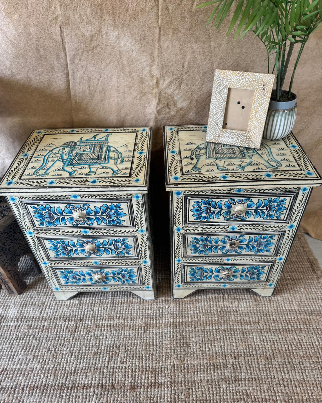 Pair of Hand-Painted Mango Wood Bedside Tables – Blue Floral Design with Elephant Motif