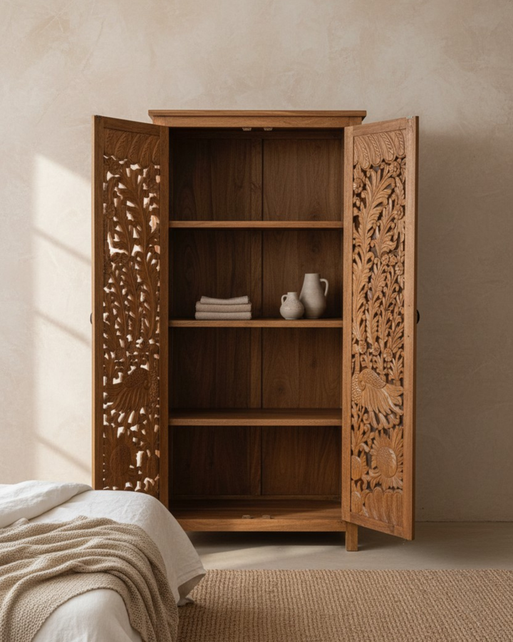 Hand-Carved Mango Wood Armoire – Peacock & Floral Design in Natural Finish