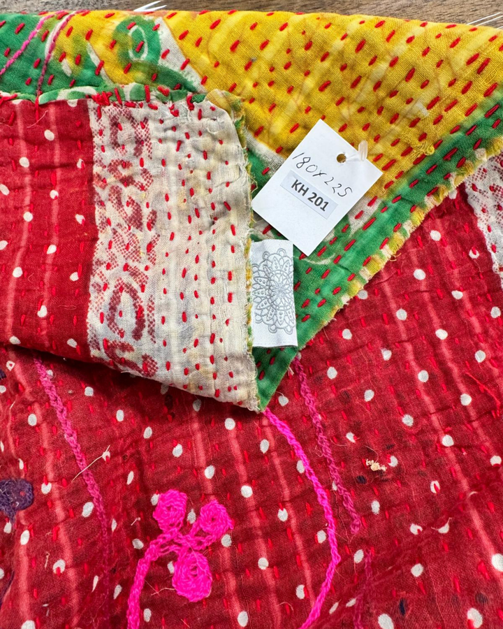Vintage Hand-Embroidered Kantha Throw – Bold Floral Sari in Red, Green & Mustard