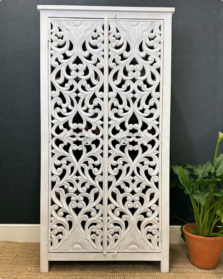 Hand-Carved Mango Wood Armoire – Whitewashed Finish