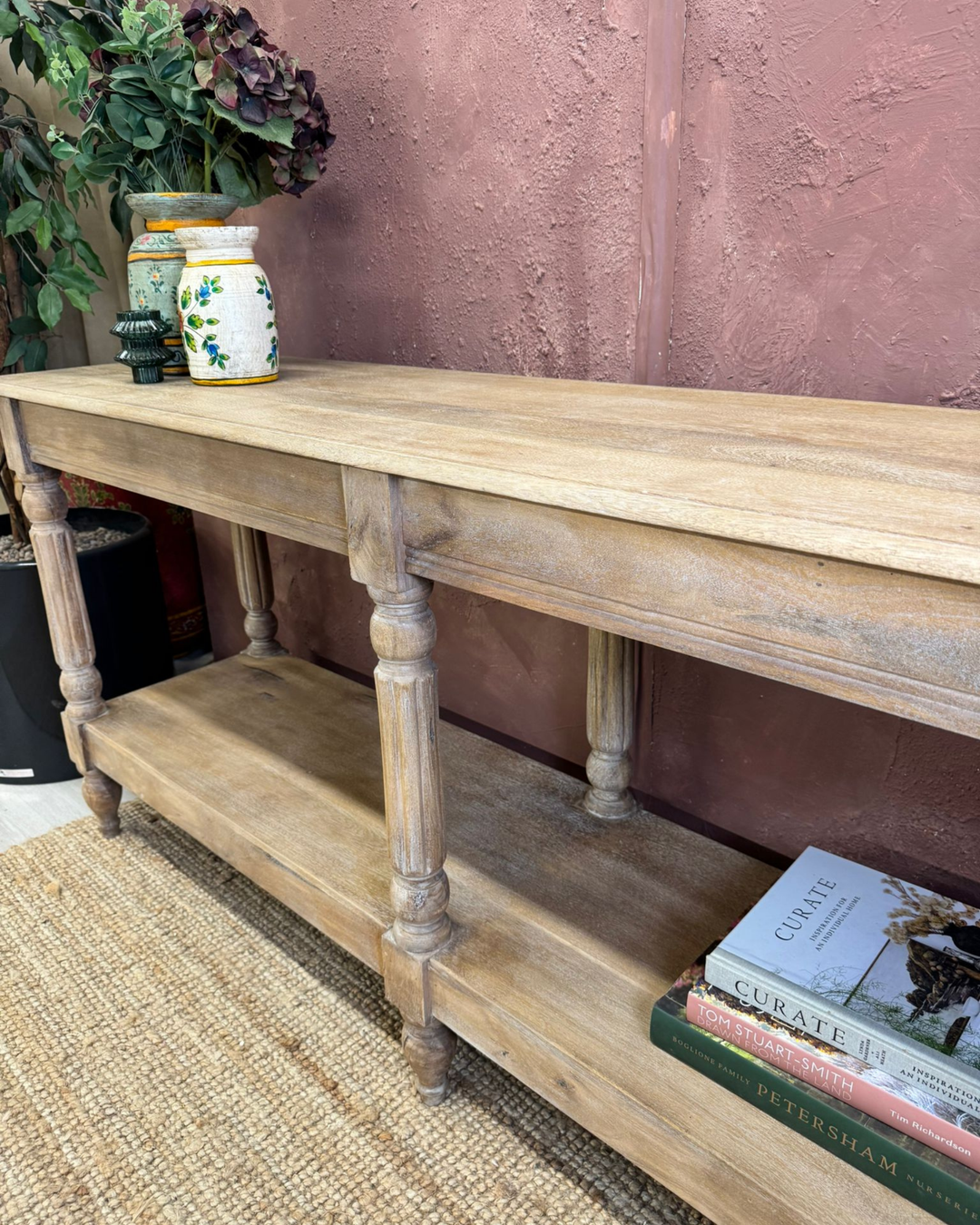 Long Mango Wood Hand-Carved Console Table with Shelf – Natural Finish