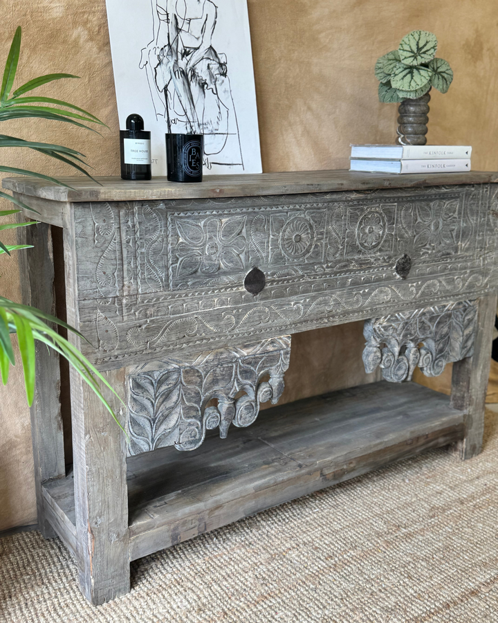 Vintage Hand-Carved Teak Console Table – Dark Sunbleached Finish