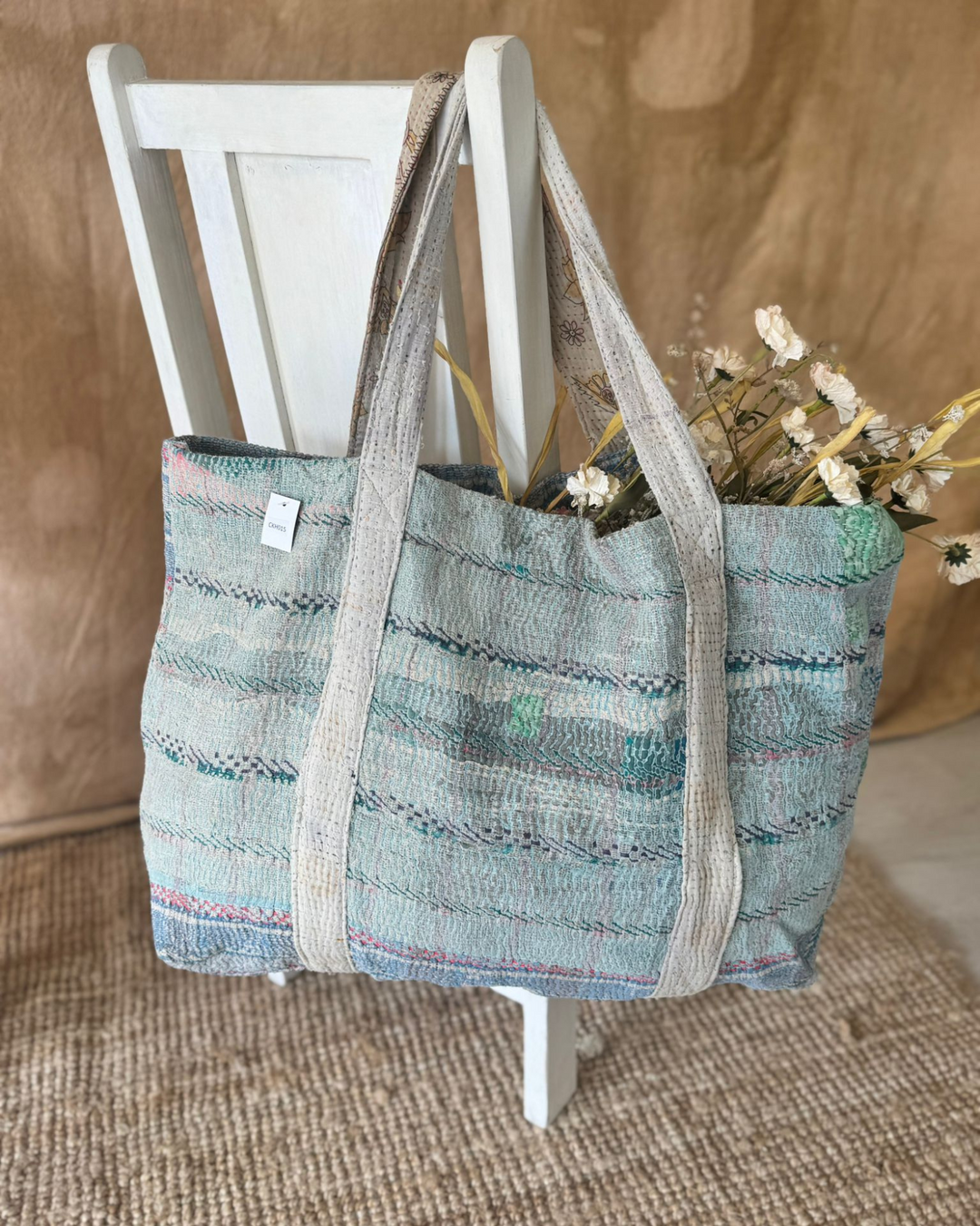 Handmade Upcycled Sari Tote Bag – Mint & Neutral Stripes | Multi-Purpose Everyday & Beach Bag