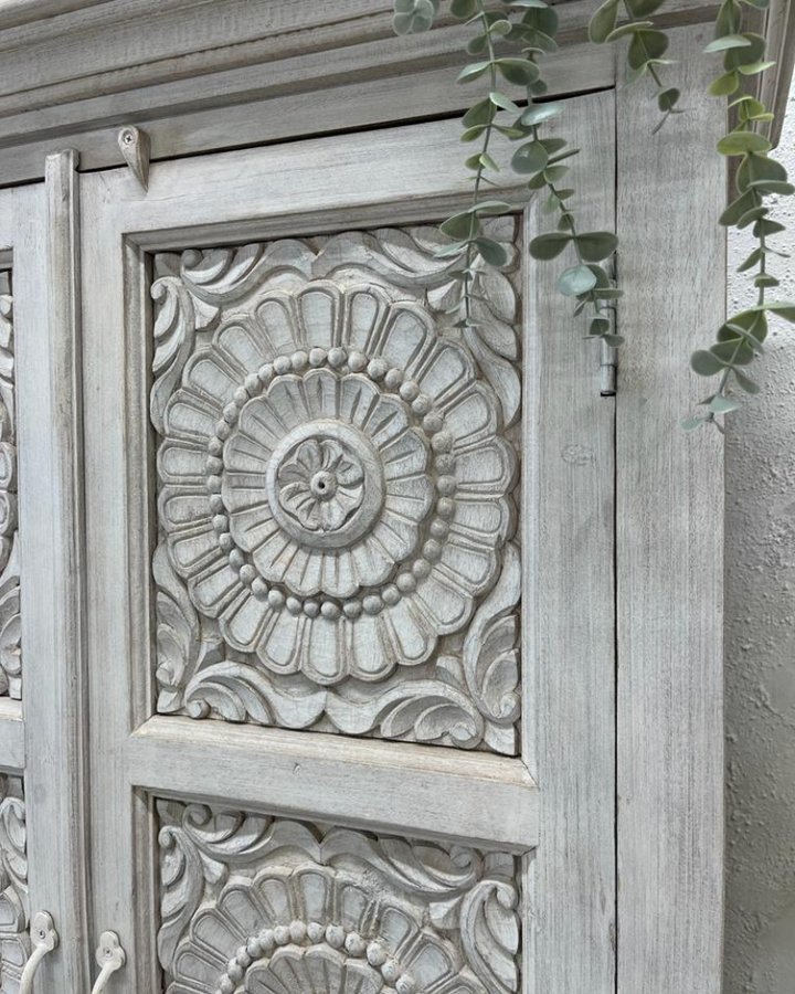 Beautiful Hand Carved Mango Wood Armoire with Petal Detailing