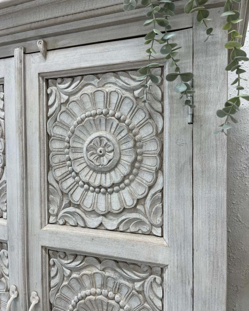 Hand-Carved Mango Wood Armoire with Petal Detailing