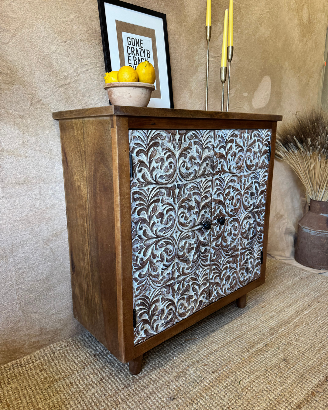 Hand-Carved Mango Wood Sideboard – Whitewashed Floral Design