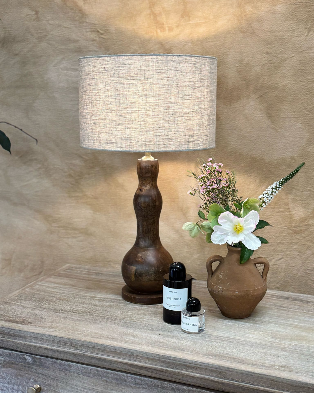 Mango Wood Table Lamp – Curved Form with Linen Shade