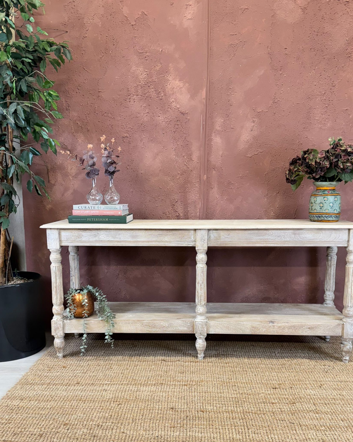 Long Mango Wood Hand-Carved Console Table with Shelf – Creamwash Finish