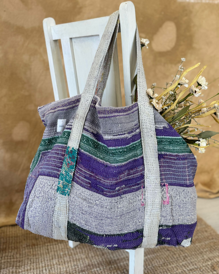 Handmade Upcycled Sari Tote Bag – Purple, Lilac & Green Patchwork | Multi-Purpose Everyday & Beach Bag