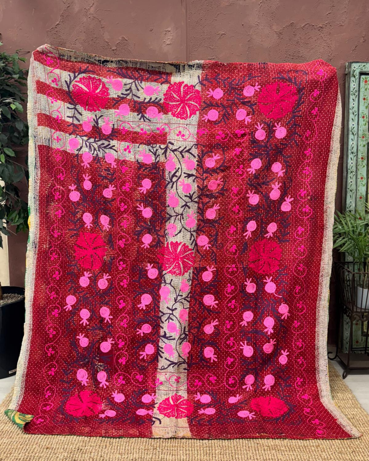 Vintage Hand-Embroidered Kantha Throw – Bold Floral Sari in Red, Green & Mustard