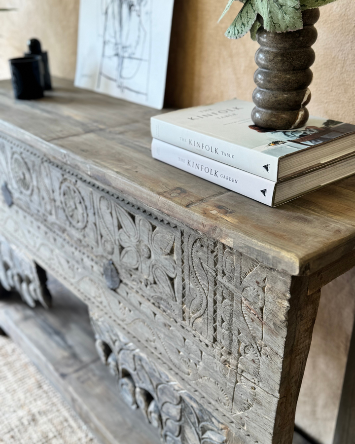 Vintage Hand-Carved Teak Console Table – Dark Sunbleached Finish
