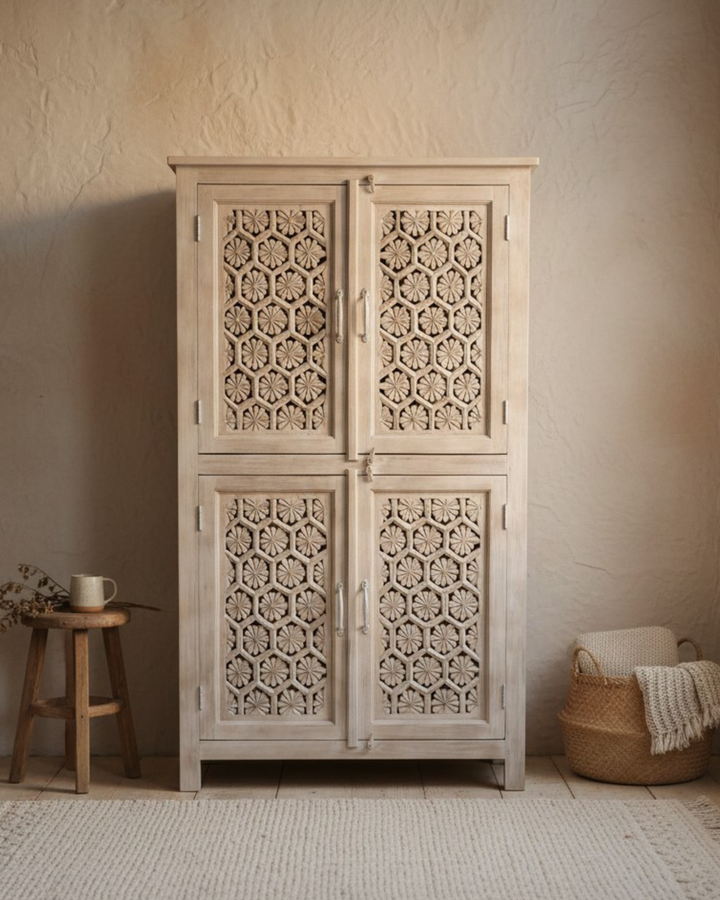Creamwashed Mango Wood Armoire – Hand-Carved Jali Design with Internal Shelving