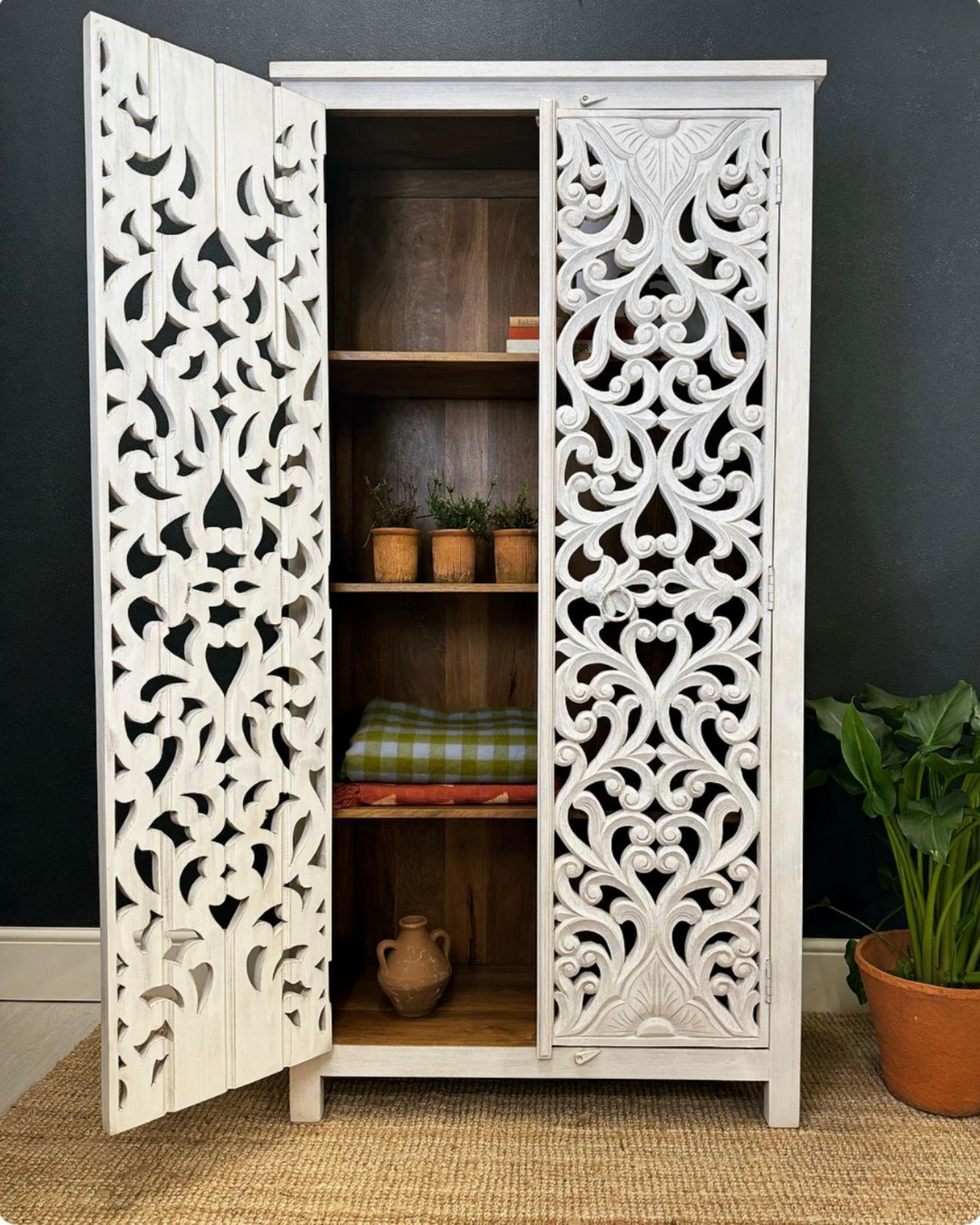 Hand-Carved Mango Wood Armoire – Whitewashed Finish