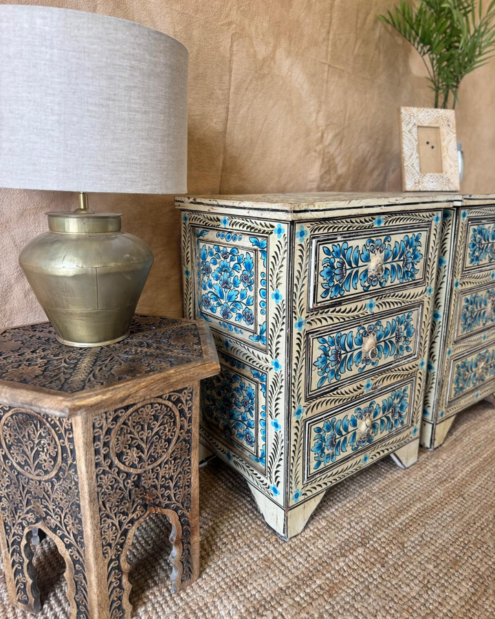 Pair of Hand-Painted Mango Wood Bedside Tables – Blue Floral Design with Elephant Motif