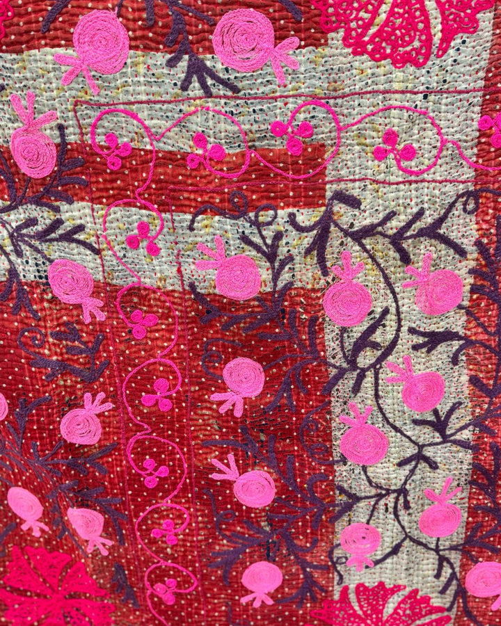 Vintage Hand-Embroidered Kantha Throw – Bold Floral Sari in Red, Green & Mustard
