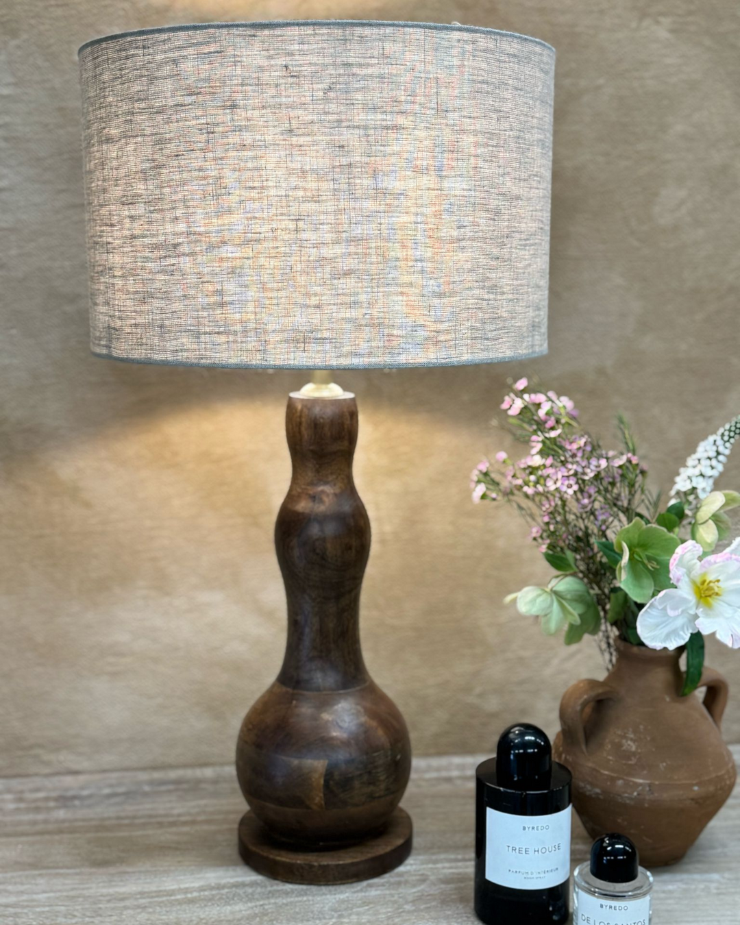 Mango Wood Table Lamp – Curved Form with Linen Shade